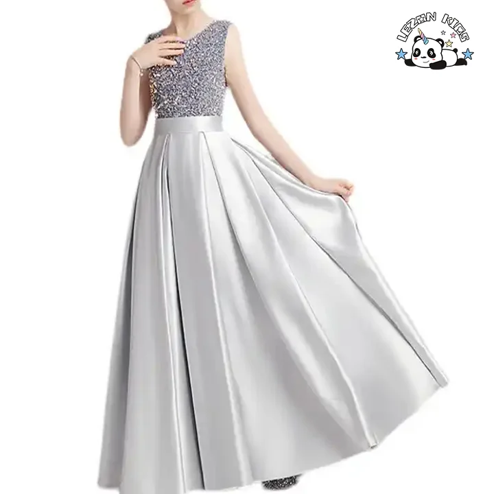 LEZONKIDS - 2024 Hot Sale  Summer Sparking Pleated Sleeveless Dress Evening Party  Long Skirt Size 4-12 Years for Kids